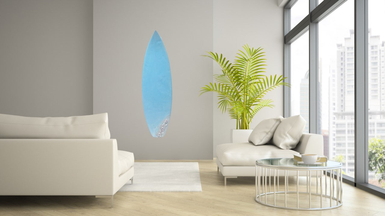 white sand beach surfboard art